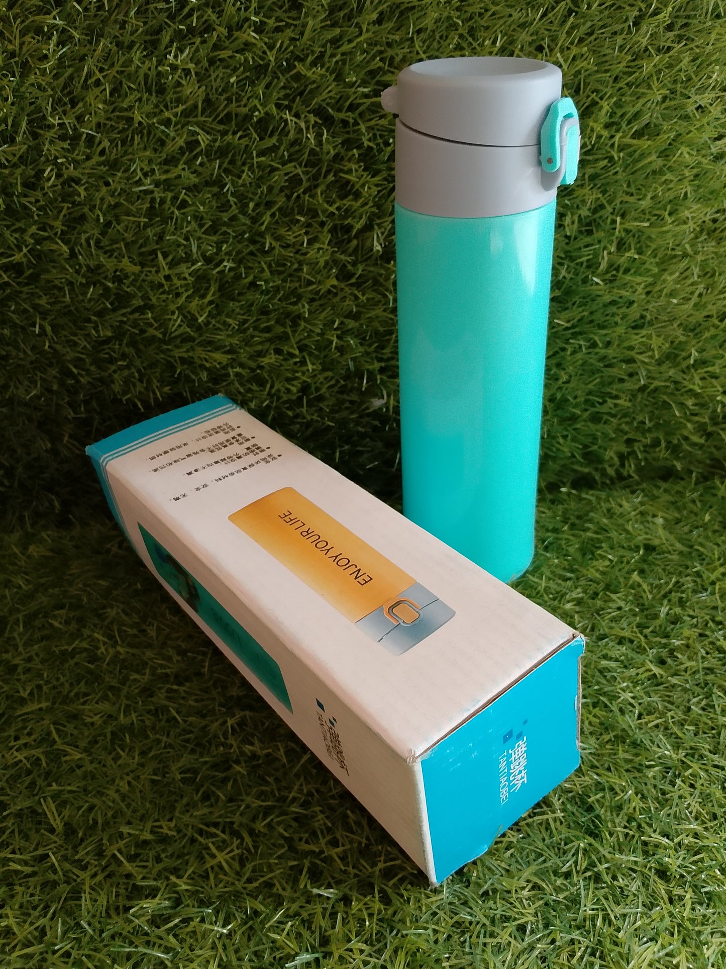 Blue Glass Thermos with Plastic Protector – Portable Glass Water Bottle