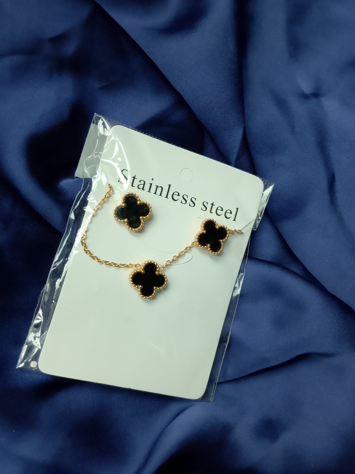 Lucky Clover Stainless Steel Necklace and Stud Earrings Set