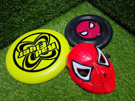 Rad Flyer & Spiderman Frisbees with spiderman mask, American used preloved toys