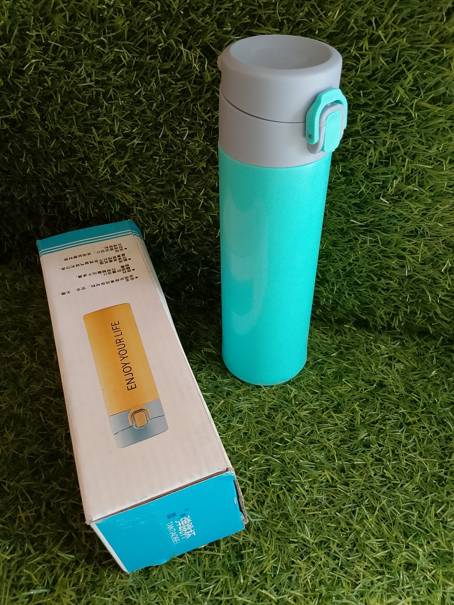 Blue Glass Thermos with Plastic Protector – Portable Glass Water Bottle