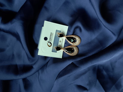 Elegant Statement Drop Earrings - Black Teardrop with Crystal Halo