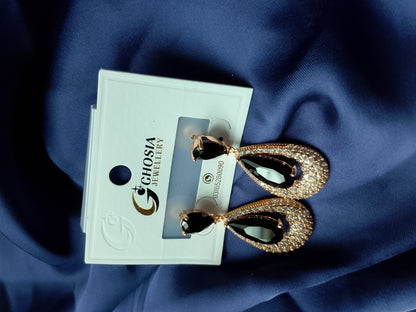 Elegant Statement Drop Earrings - Black Teardrop with Crystal Halo