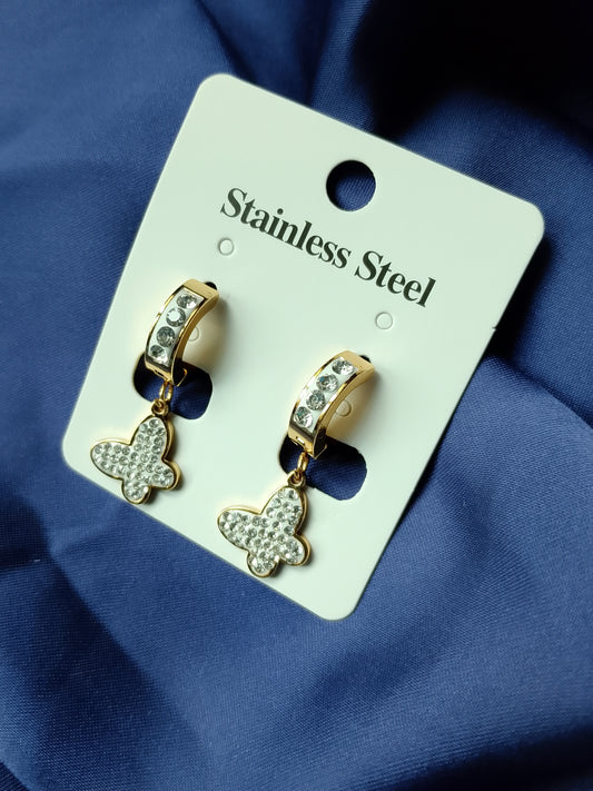 Sparkling Butterfly Dangle Earrings - Stainless Steel Hoops