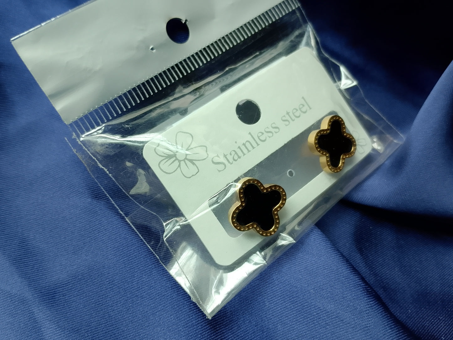 Lucky Black Clover Stainless Steel Stud Earrings