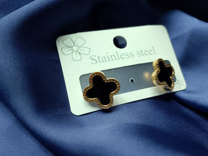 Lucky Black Clover Stainless Steel Stud Earrings