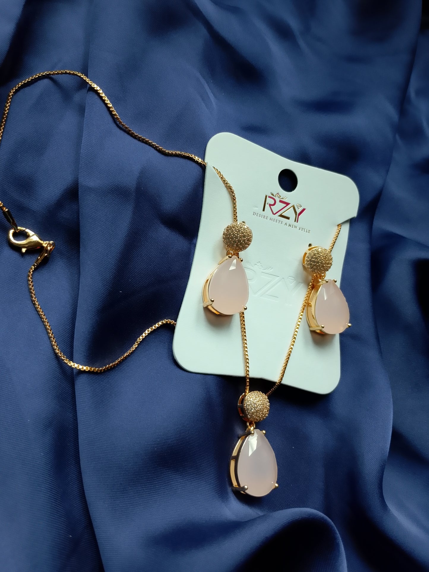 Elegant Pavé & Teardrop Stone Necklace and Dangle Earring Set