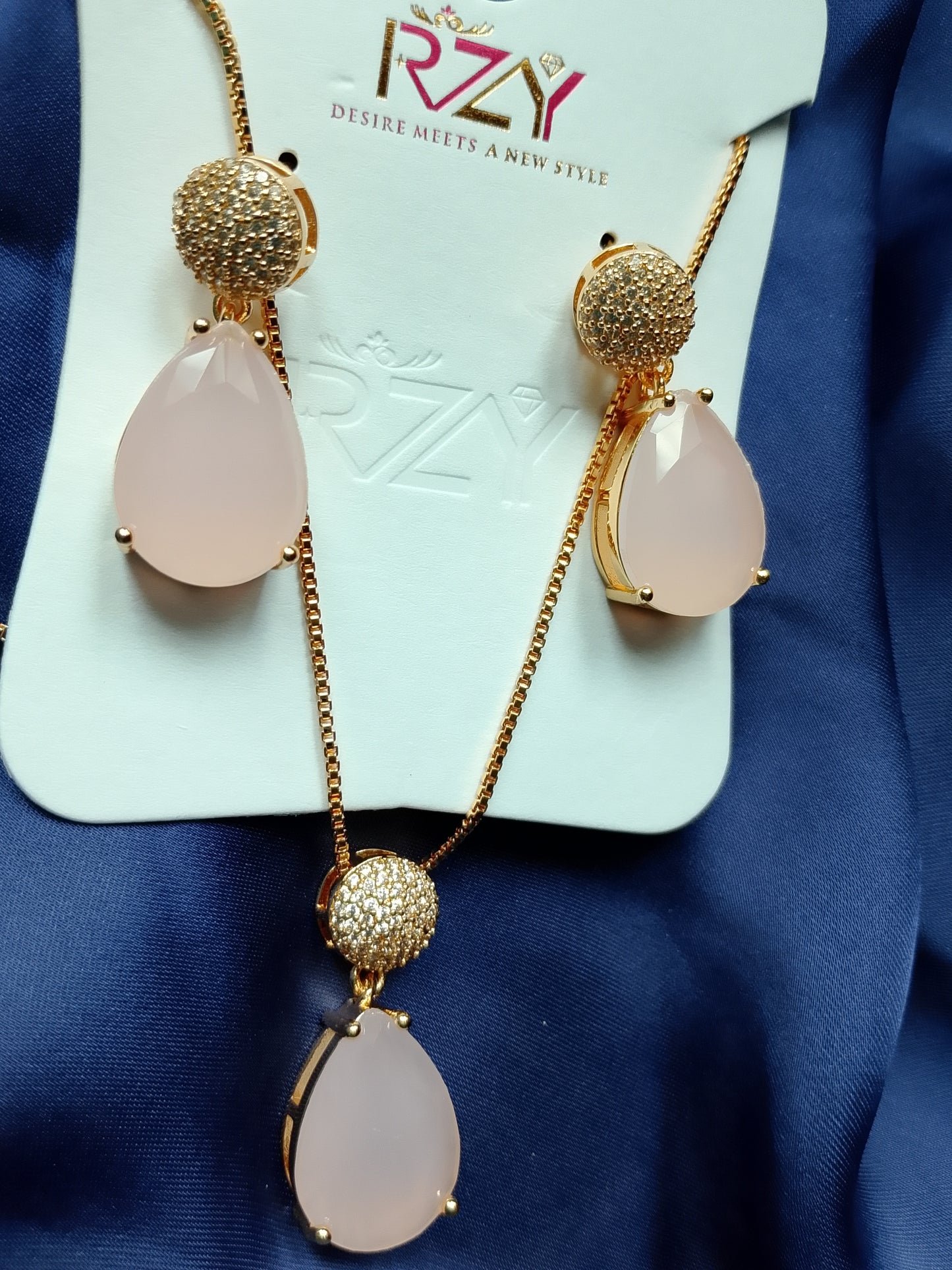 Elegant Pavé & Teardrop Stone Necklace and Dangle Earring Set
