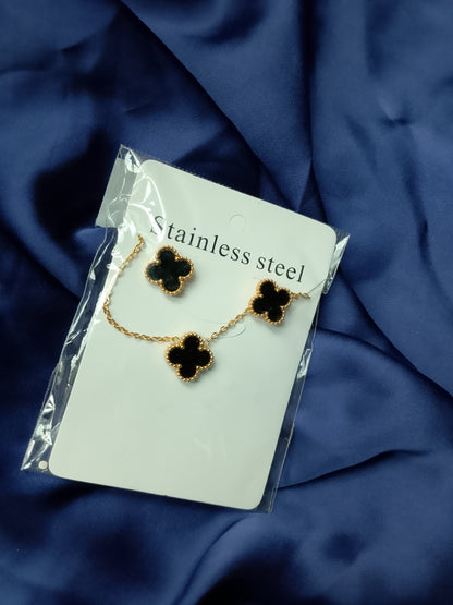 Lucky Clover Stainless Steel Necklace and Stud Earrings Set