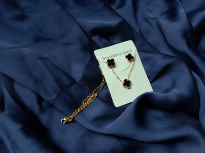 Lucky Clover Stainless Steel Necklace and Stud Earrings Set