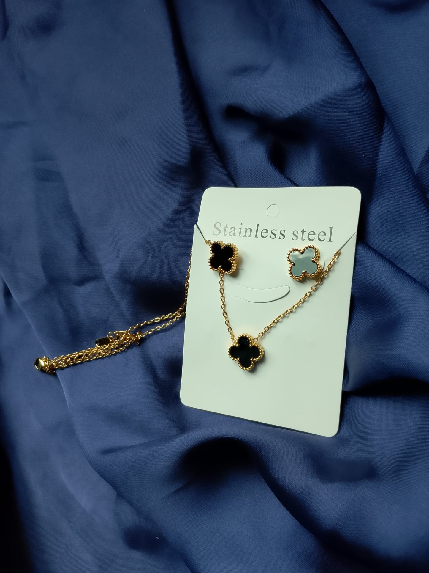 Lucky Clover Stainless Steel Necklace and Stud Earrings Set