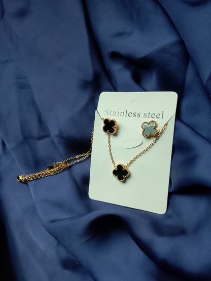 Lucky Clover Stainless Steel Necklace and Stud Earrings Set