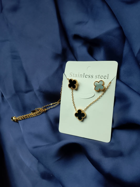 Lucky Clover Stainless Steel Necklace and Stud Earrings Set
