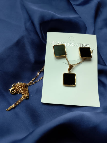 Modern Stainless Steel Shell Square Necklace & Earrings Set