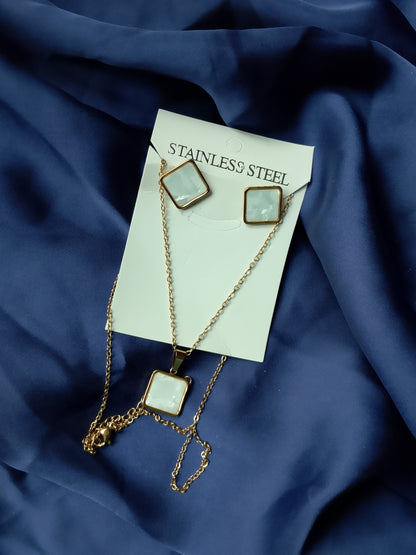 Modern Stainless Steel Shell Square Necklace & Earrings Set