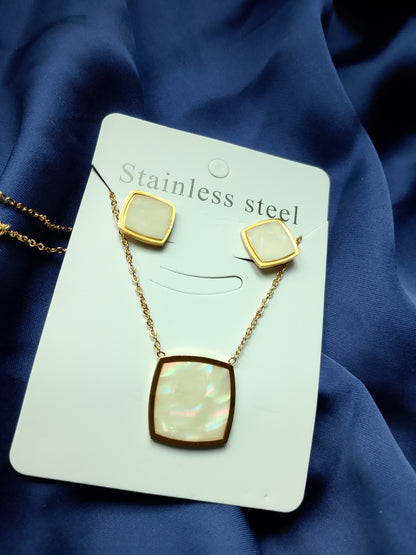 Modern Stainless Steel Shell Square Necklace & Earrings Set