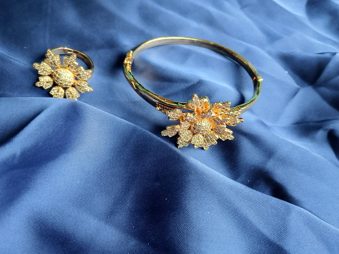 Statement Floral Sparkle Jewelry Set - Bracelet, Ring, and Earrings