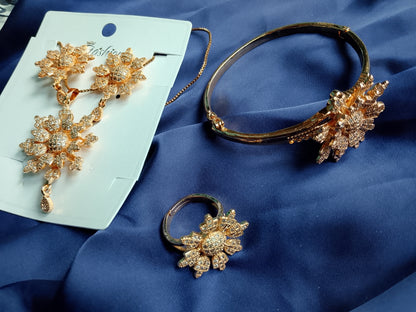 Statement Floral Sparkle Jewelry Set - Bracelet, Ring, and Earrings