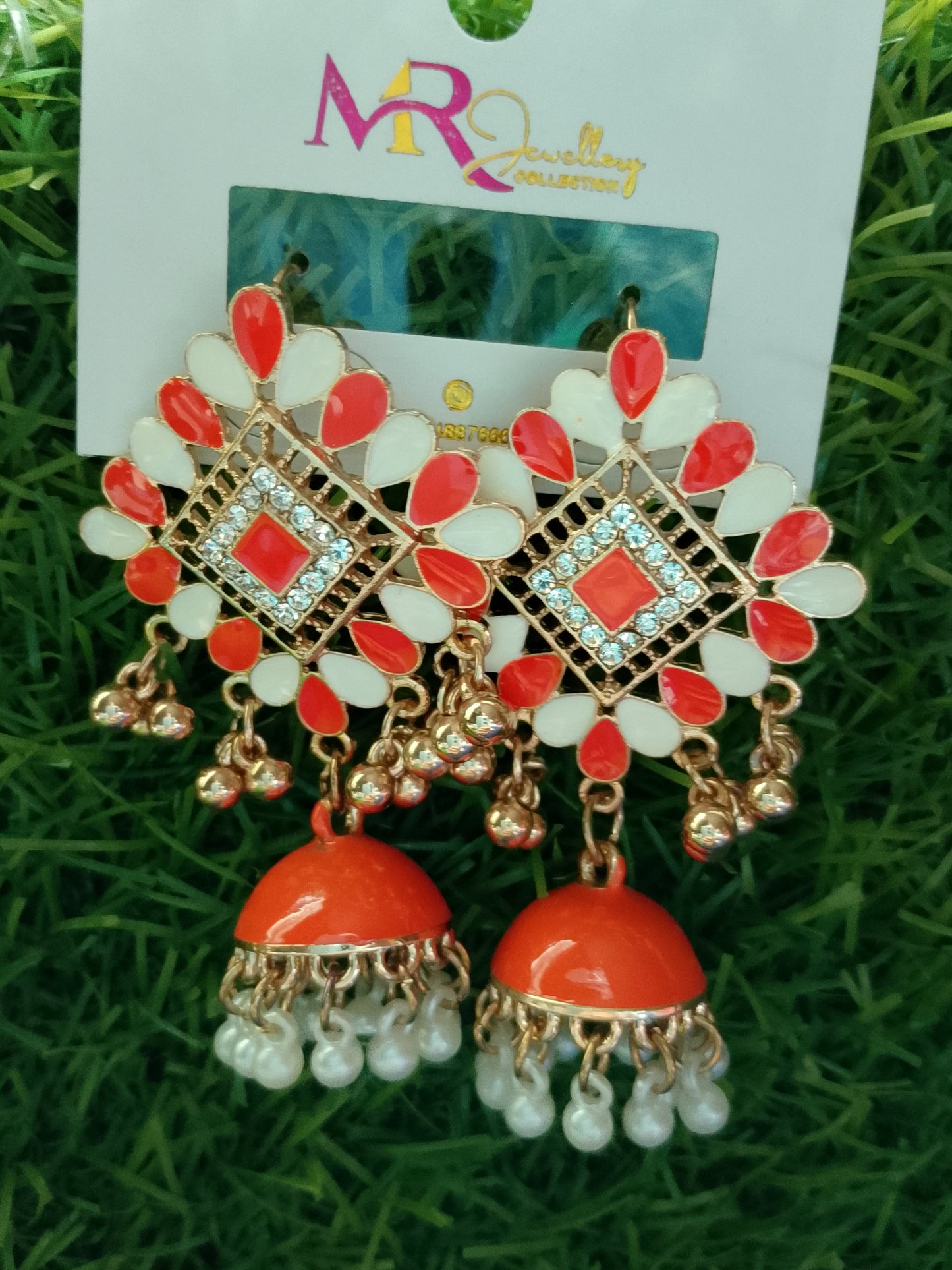Intricate Enamel & Stone Jhumka Earrings
