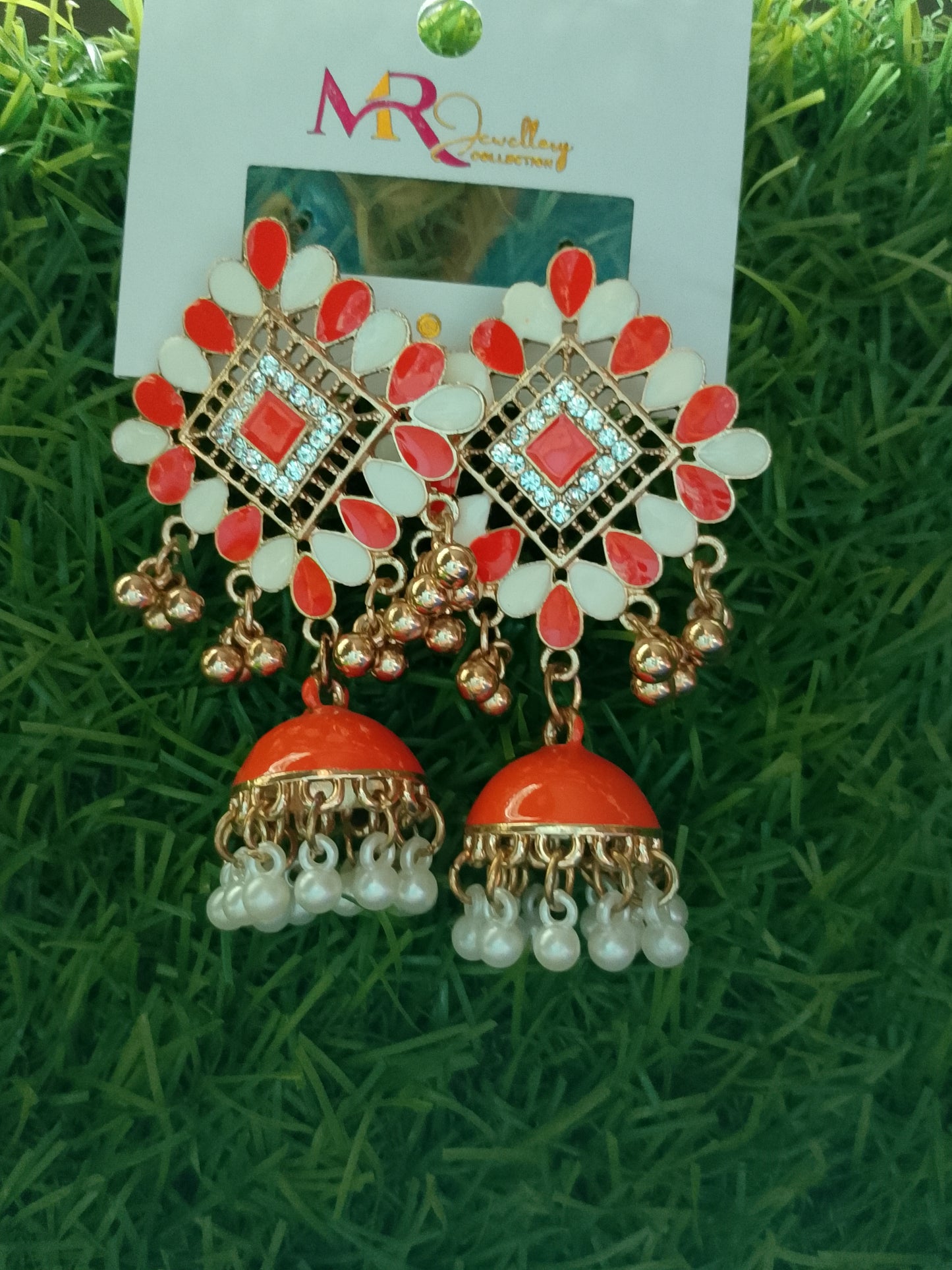 Intricate Enamel & Stone Jhumka Earrings