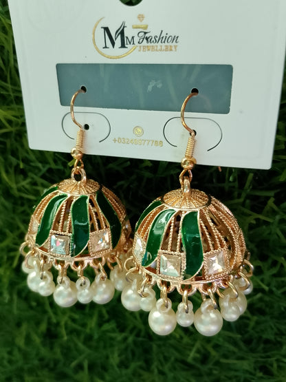 Vibrant Enamel Jhumka Earrings with Floral Stud