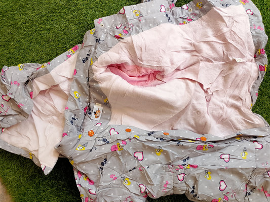 Girls' Reversible Puffer Jacket | Pink Fleece Lining & Grey Cartoon Print