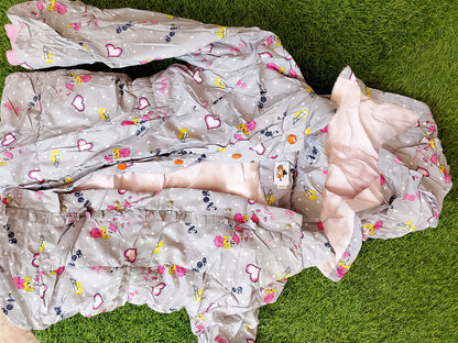 Girls' Reversible Puffer Jacket | Pink Fleece Lining & Grey Cartoon Print